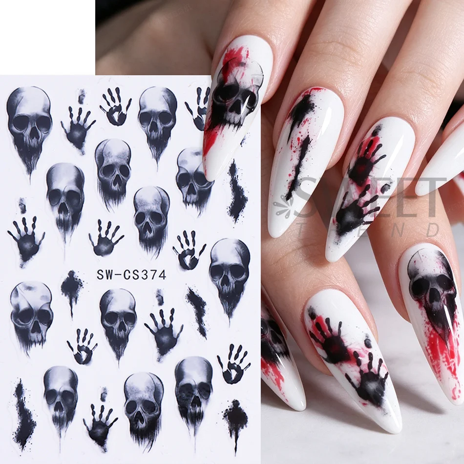 2 Stück Halloween-Nagelkunst-Aufkleber im dunklen Stil mit Skelett-Handabdruck, Spinnennetz und Fledermaus-Design, Nagelsticker für DIY-Maniküre-Dekoration. – Detail 3
