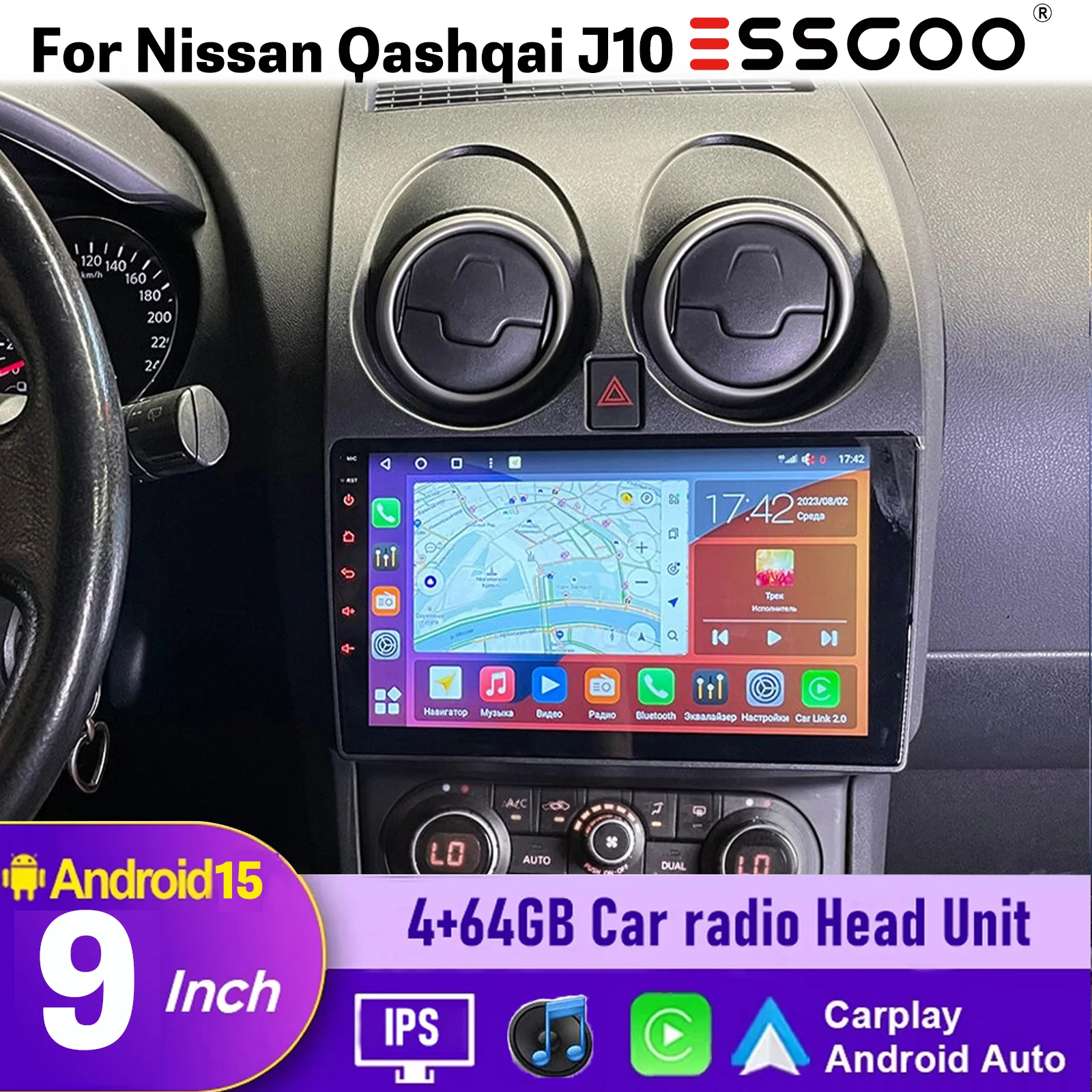 4GB+64GB 9 Zoll Android 15 für Nissan Qashqai J10 2007-2013, Videoplayer Stereo GPS, 2-DIN-Autoradio, kabelloses CarPlay, Android Auto, ESSGOO