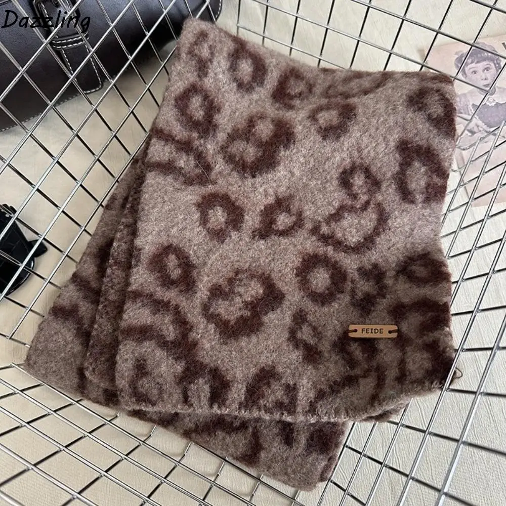 

Fashion Lightweight Leopard Print Scarf Korean Style Windproof Imitation Wool Scarf Warm Cashmere Blend Winter Shawl Gift