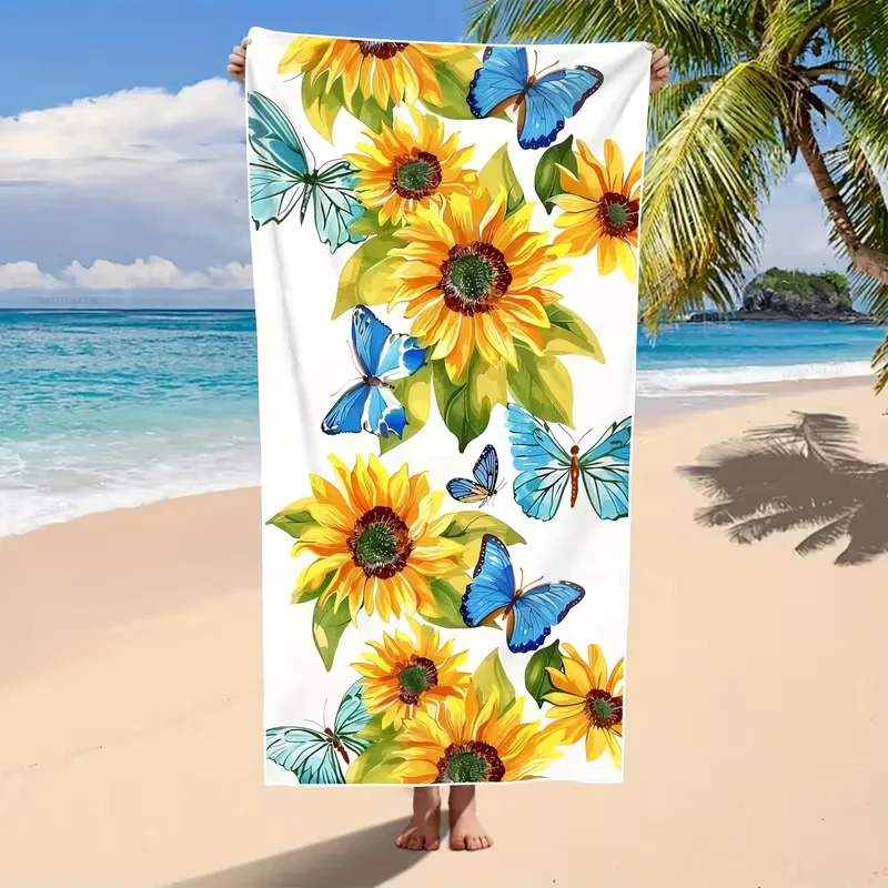 Bright Sunflower Blue Butterfly Beach Towel Sand Free Quick Dry Pool Towel Floral Yellow Flower Insect Print Blanket
