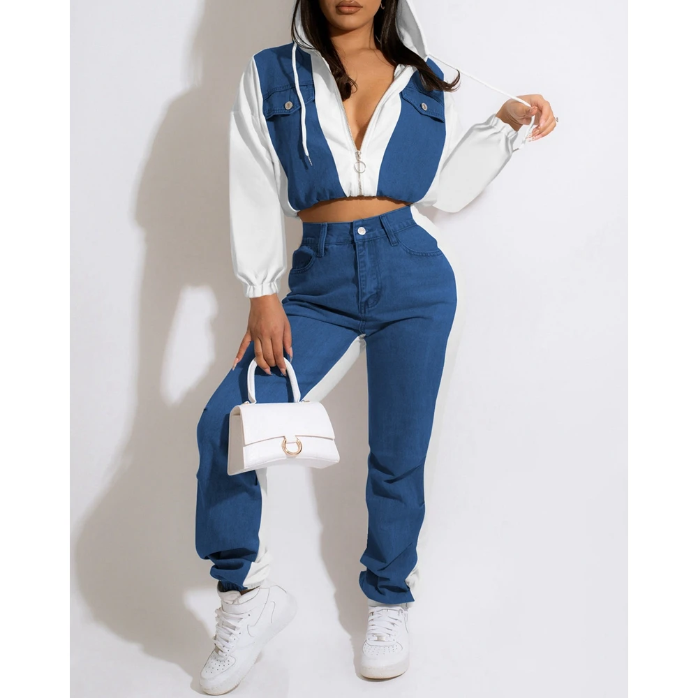 

Sporty Women Denim Patchwork Zipper Pocket Design Hoodie & High Waist Pants Set Femme Fashion Casual Two-Piece Set Suit Outfits