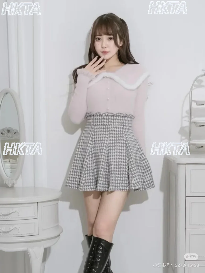 

Японская милая пригородная кружевная клетчатая короткая юбка трапециевидной формы, женская осенне-зимняя новая плиссированная универсальная черная юбка с высокой талией