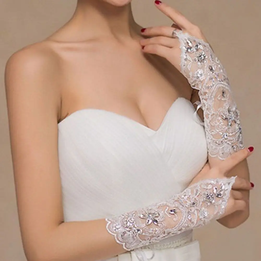 High Quality Bride Wedding Dress Short Gloves Lace Fingerless Gloves Beads Rhinestone