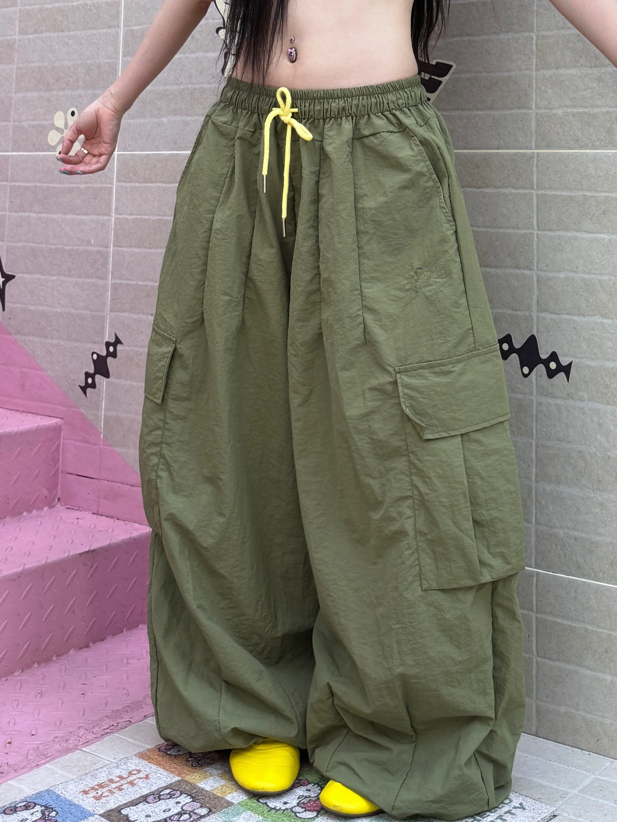 American High Street Embroidered Military Green Pants Women Summer Loose Casual Versatile Couples Elastic Waist Drawstring Wo...