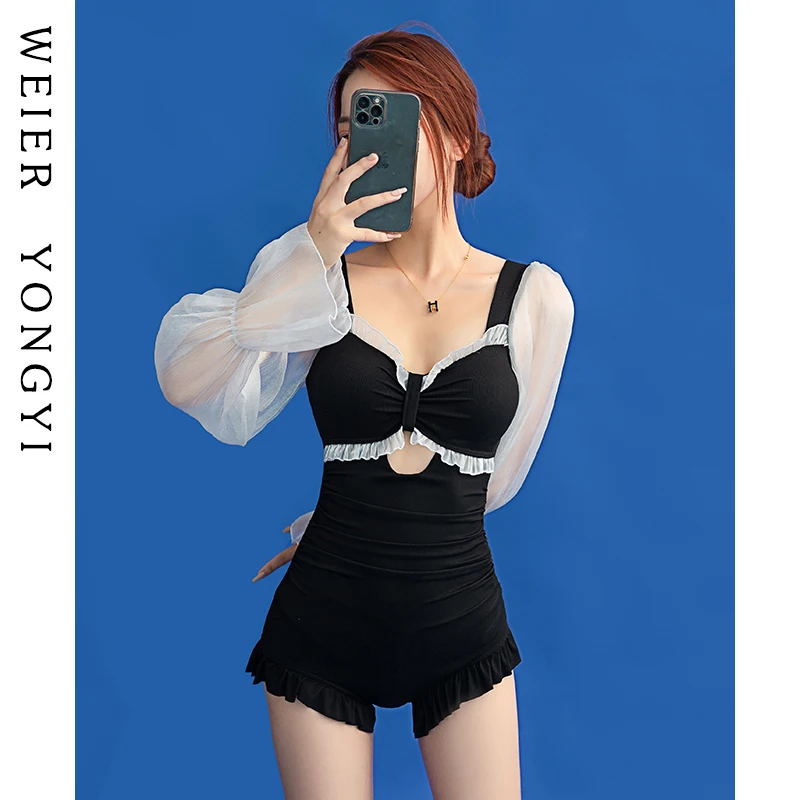 

Женский слитный купальник с длинным рукавом, сексуальный, консервативный, для небольшой груди, скрывающий живот, утягивающий, для горячих источников