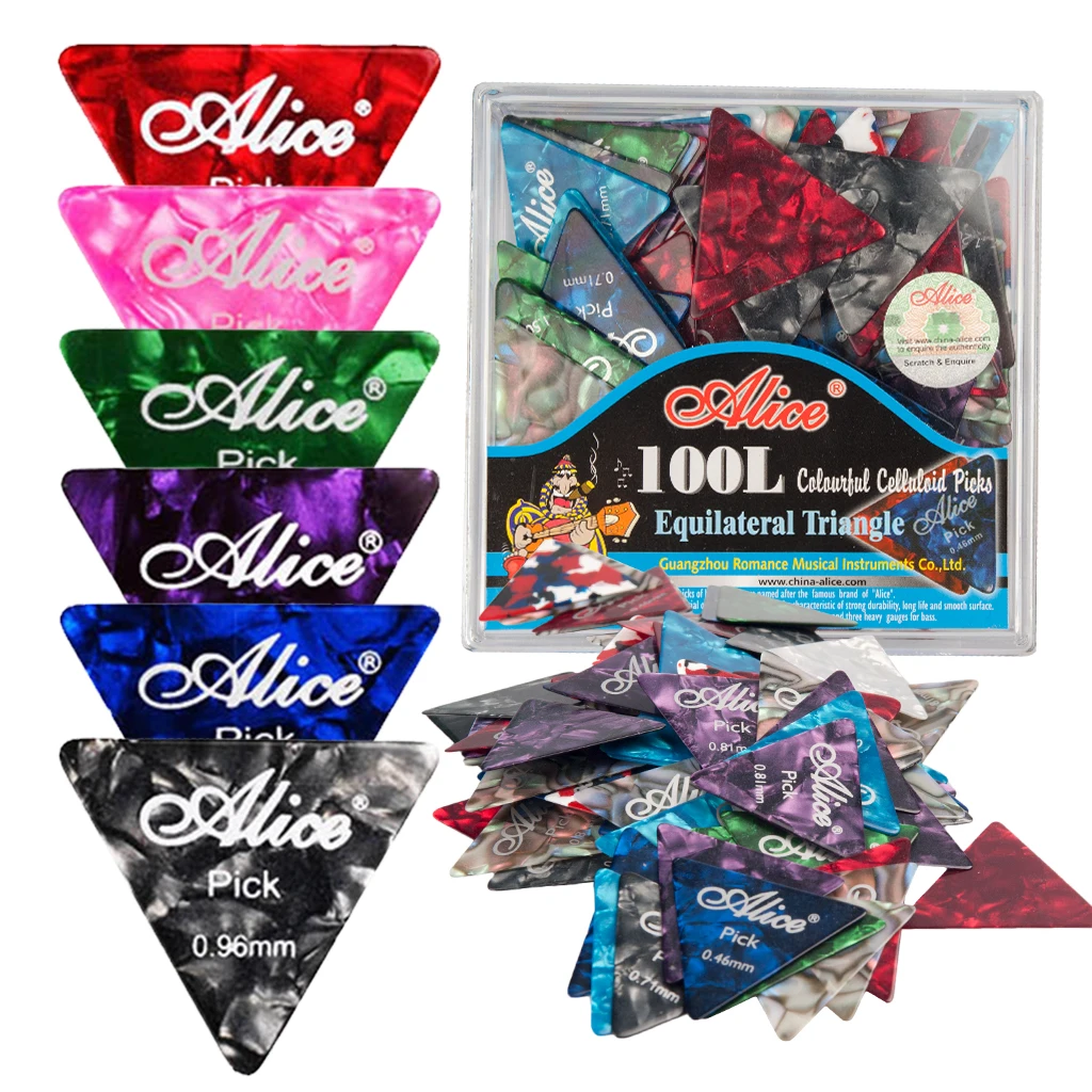 

Assorted Alice Picks AP-100L Triangle Colorful Pearl Celluloid Electric & Acoustic Guitar Picks 0.46/0.71/0.81mm W/ Plastic Box