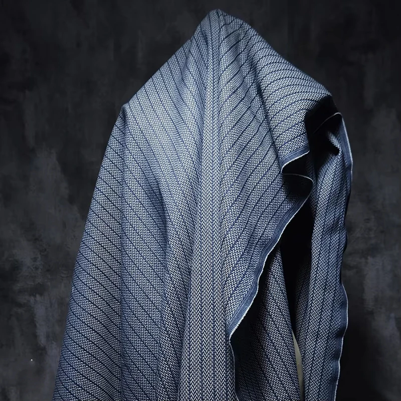 

100x170cm Blue Yarn-Dyed Herringbone Jacquard Denim Fabric Twill Pattern Texture Washed Denim Designer Fabric DIY Clothes