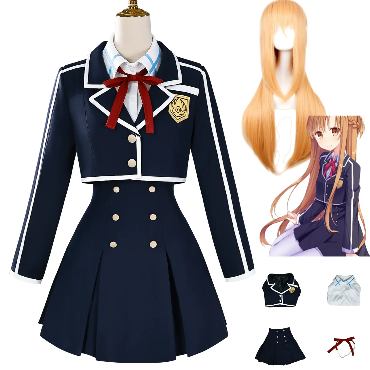 

Anime Sword Art Online Yuuki Asuna Cosplay Costume Yuki Asuna Japanese JK School Uniform Skirt Coat Wig Woman Campus Suit