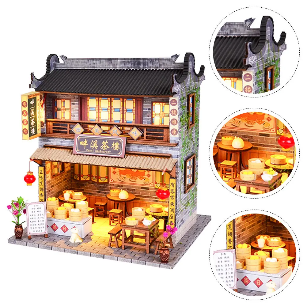 

1Pcs Chinese Style House DIY Assemble Hand-Painted Adornment Desktop Decoration Unique Gift for Home Garden Bar