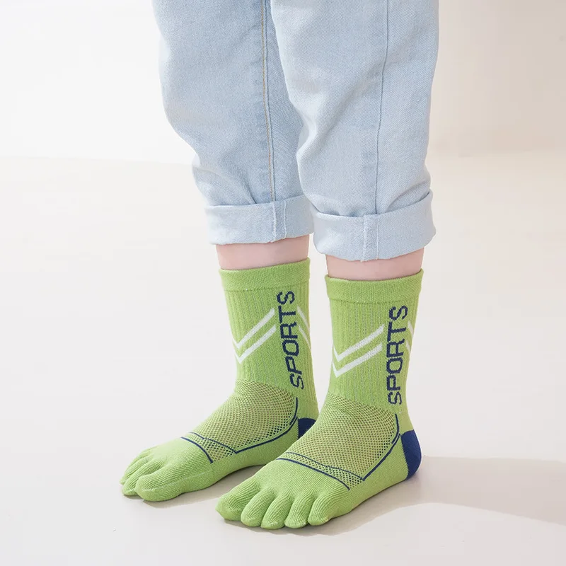 5 Pairs Children Thin Finger Socks Summer Mesh Pure Cotton Sweat-wicking Odor-proof Boneless Mid-Tube Big Boys Sports Toe Socks