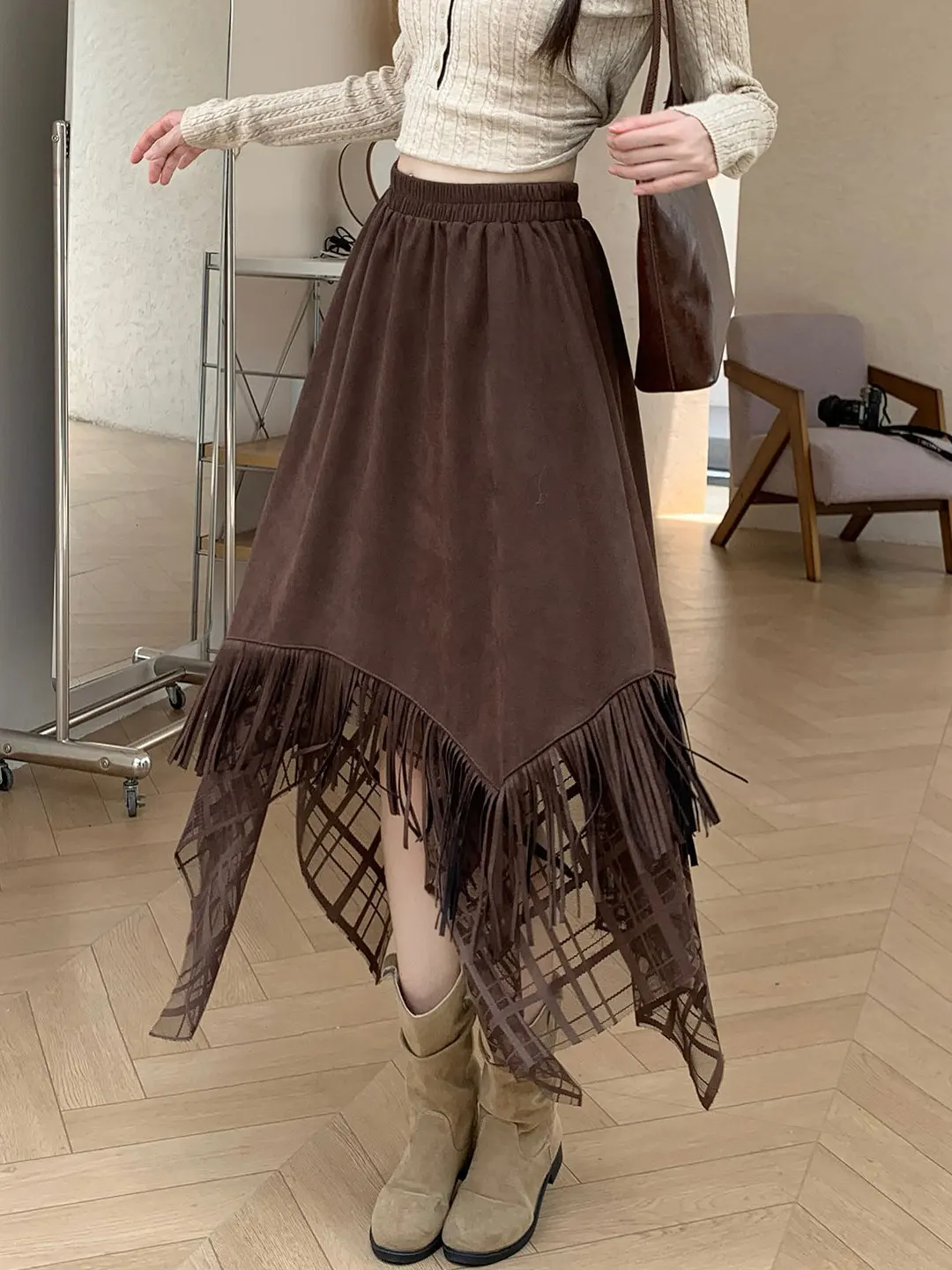 American Western Spicy Girl Style Asymmetrical Suede  Skirt Women's Lace Fringe High Waist A-Line Umbrella Skirt