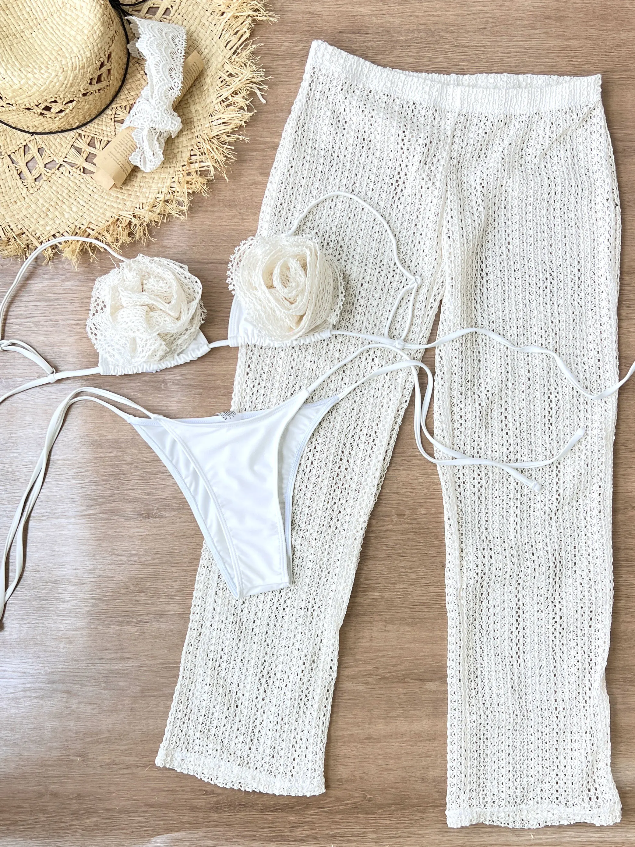 

2025 стиль вязаный комплект бикини и брюк с цветочным принтом женский купальник из 3 предметов пляжная одежда модные сексуальные женские купальники женские наряды Getways