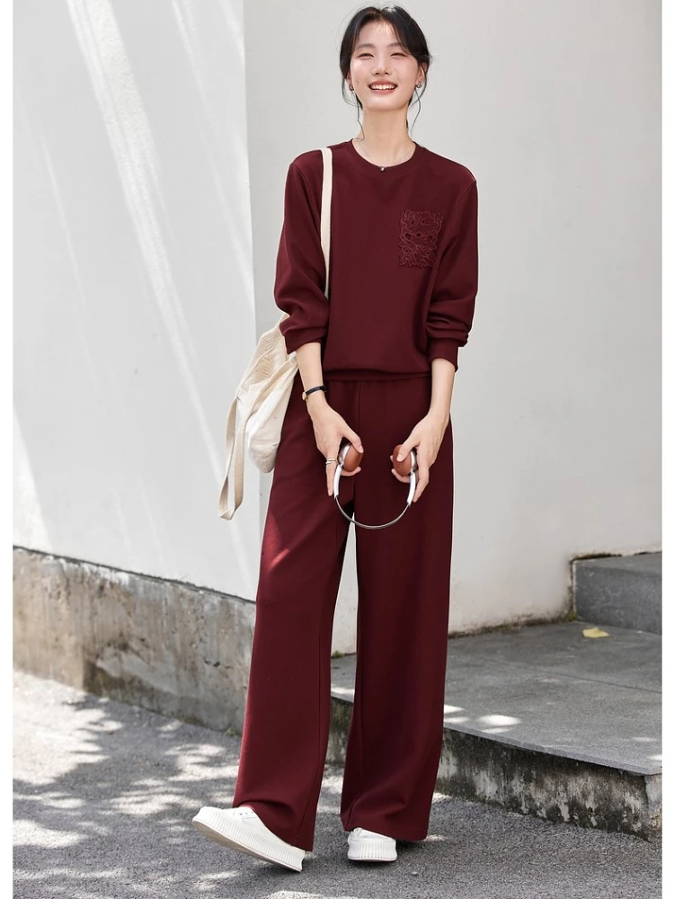 

VIMLY Pants Sets Woman 2 Piece Red Sporty Round Neck Hollow Out Embroider Casual Wide Legs Long Pants Ladies Trouser Sets A1967