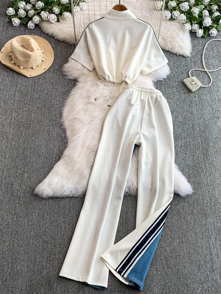 

Гонконгский комплект в стиле ретро, женская футболка с воротником-стойкой, джинсовая лоскутная футболка, свободные прямые брюки с эластичной резинкой на талии