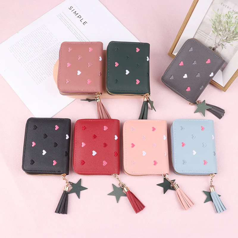 Cartera pequeña con borlas para mujer, monedero de cuero de PVC con cremallera corta, bonito