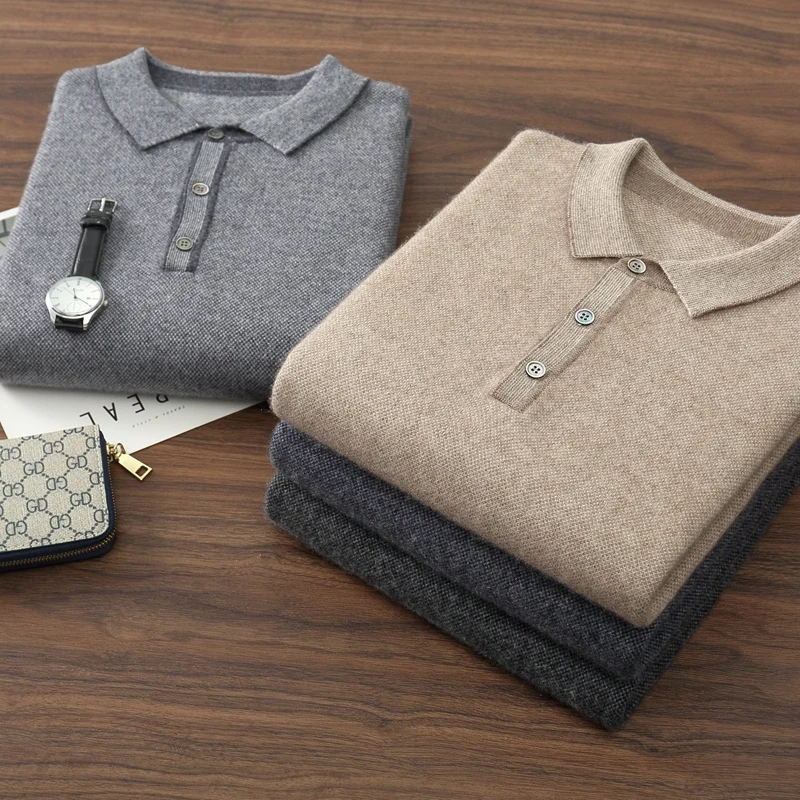 

100% кашемировый мужской свитер, вязаный пуловер с воротником-поло и длинными рукавами на осень и зиму, новый кашемировый деловой повседневный свитер