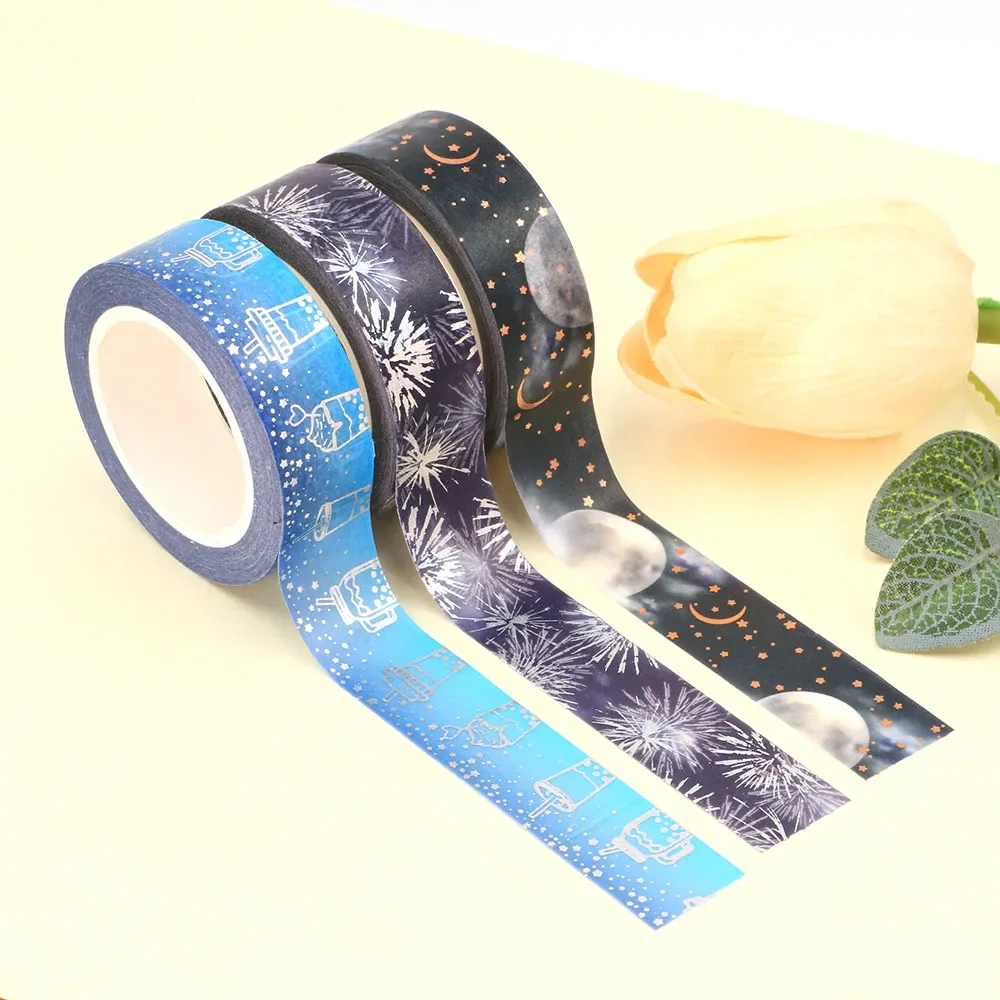 NEW 1PC. Decorative Moons Fireworks Cups Gold and Foil Washi Tape Set Scrapbooking Planner Adhesive Masking Tape Papeleria