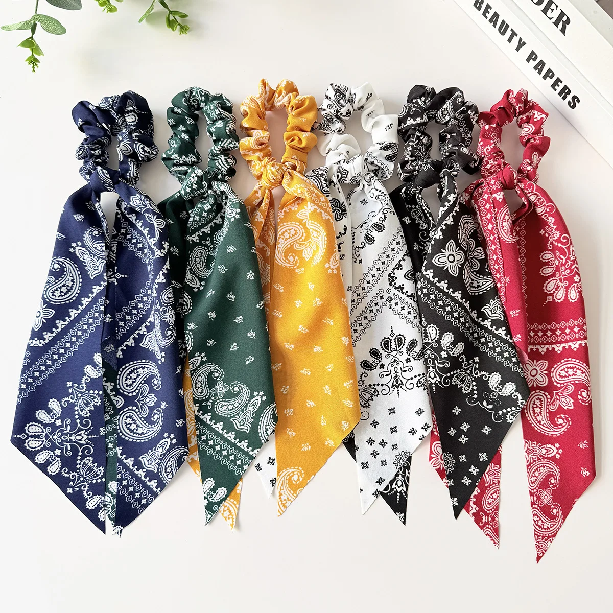 Paisley Print Ribbon Bow Large Scrunchies Vintage Retro High Elastic Hair Ties for Women Ponytail Holder