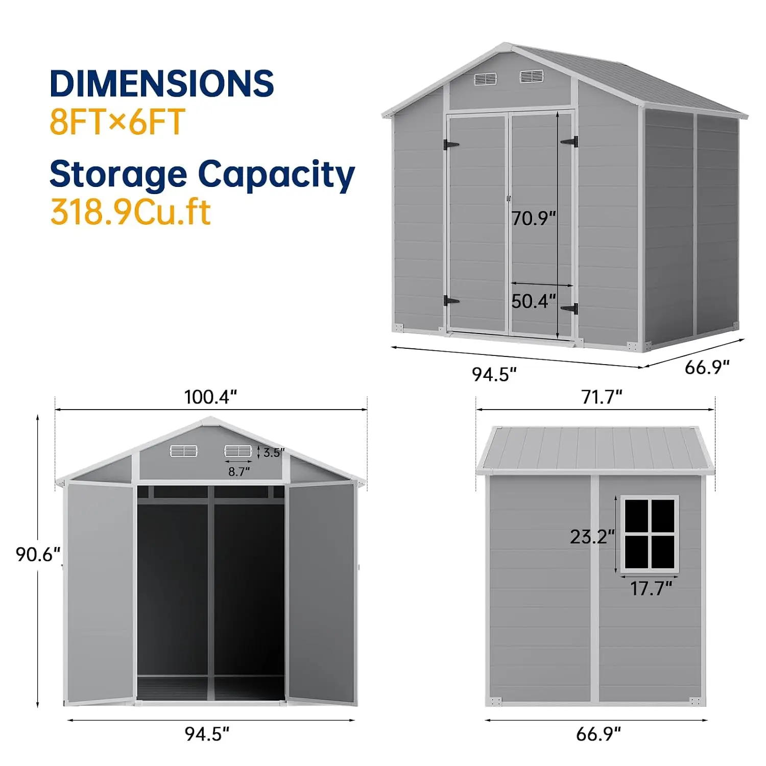 8×6 FT Outdoor Storage Shed with Floor Waterproof Garden Resin Tool House Backyard Patio, Customized - view 3