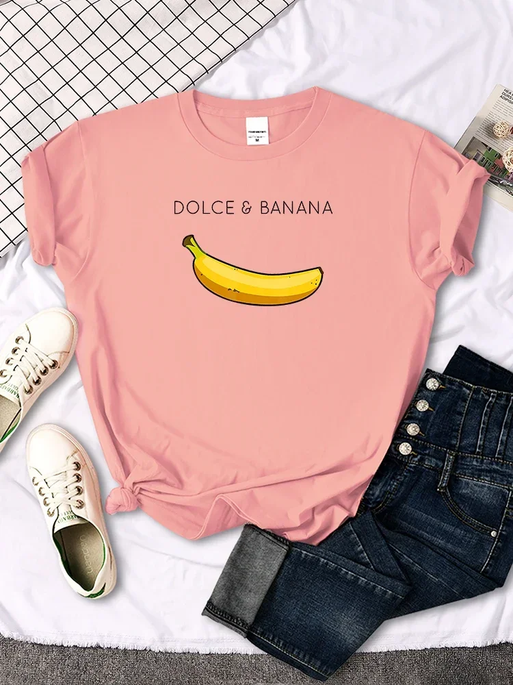 Cartoon Print T Shirt Dolce Banana Fruit  Womens Oversized Kawaii Round Neck Tops Summer Comfortable Breathable Female Slim Tees