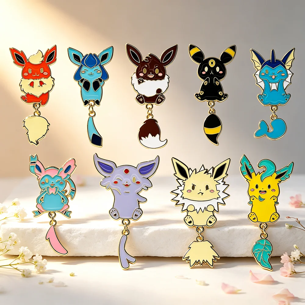 Cute Evolution Fox Monster Dangle Enamel Pins - Metal Lapel Brooch Badges with Hanging Tail Charm Cartoon Character Pins for Fan