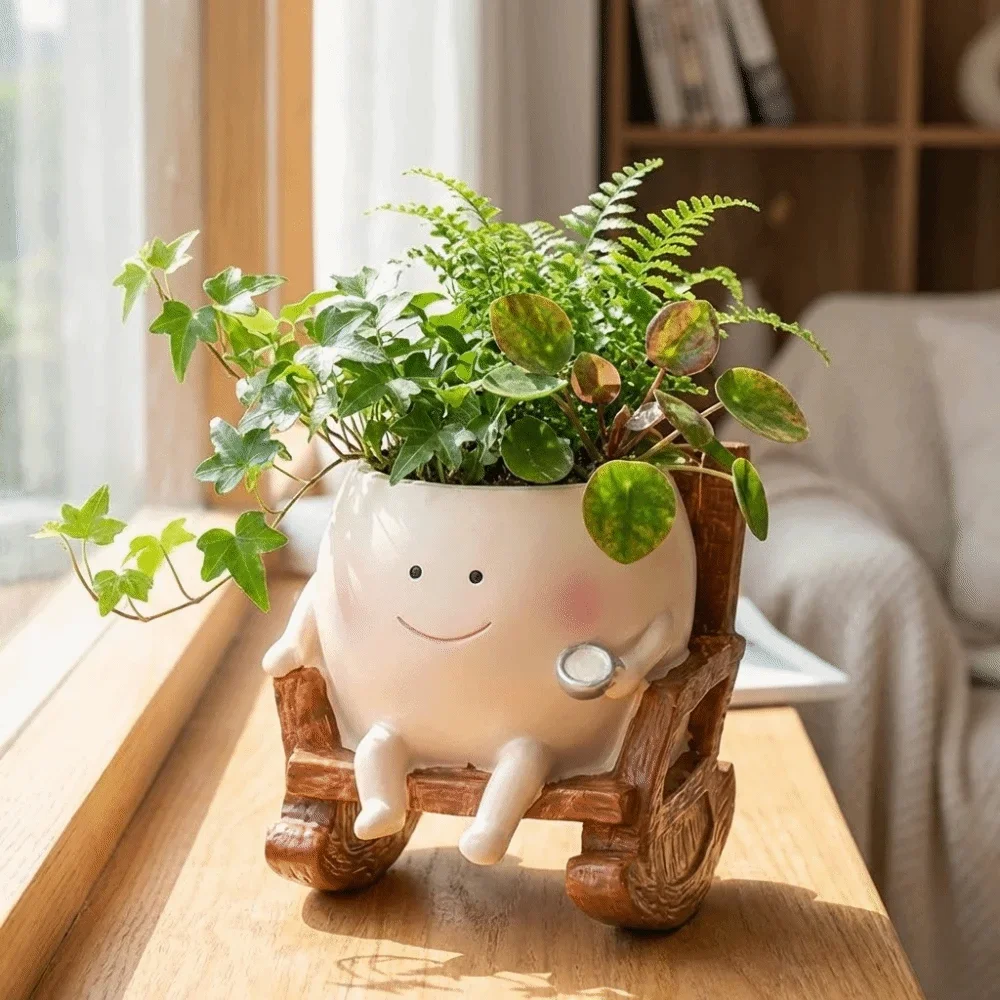 Funny Mini Smily Face Planter Pot Creative Resin Flower Pot Unique Design Smiley Face Rocking Chair Planters Home Decoration