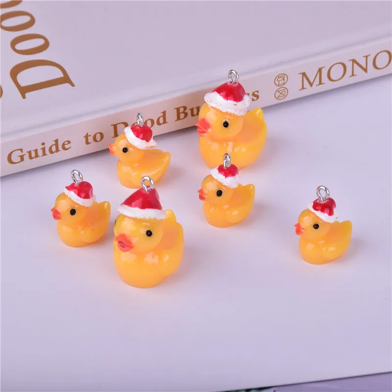 10Pcs Tiny Resin Yellow Ducks Charms Christmas Hat Duck DIY Pendants for Necklace Earring Jewelry Making Keychain Accessories