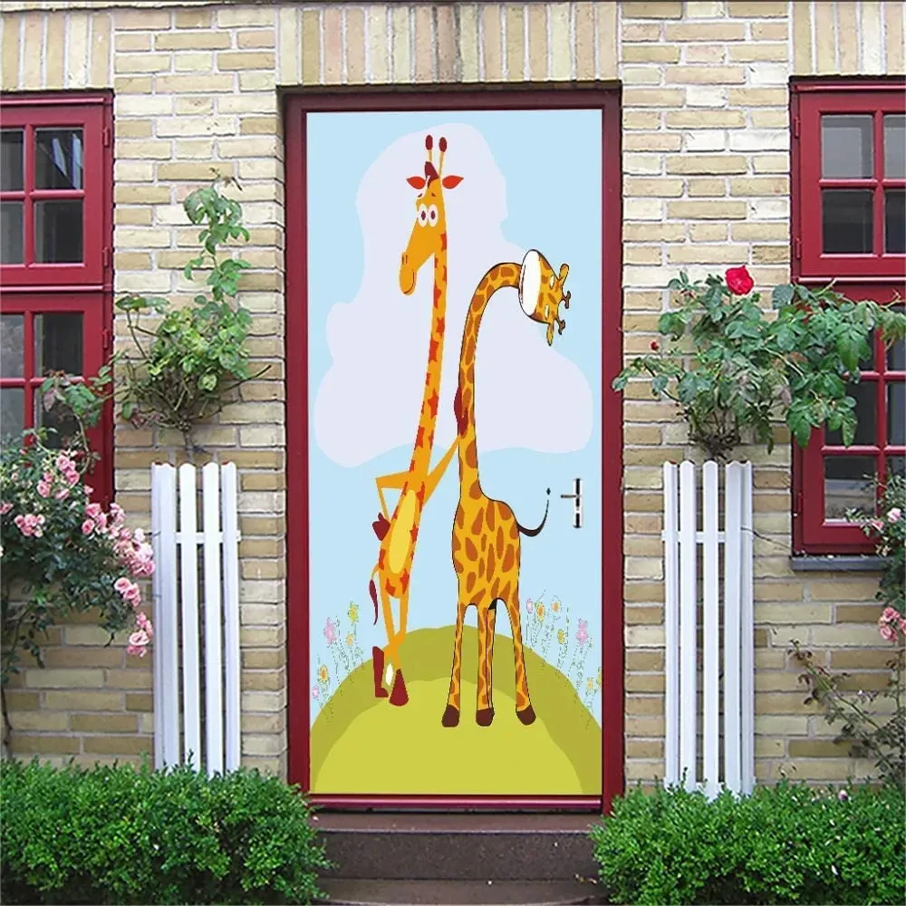 Cartoon Giraffe Door Stickers Lovely Animal Door Mural Sticker Self-adhesive Wildlife Decal Wallpaper Living Room Bedroom Decor