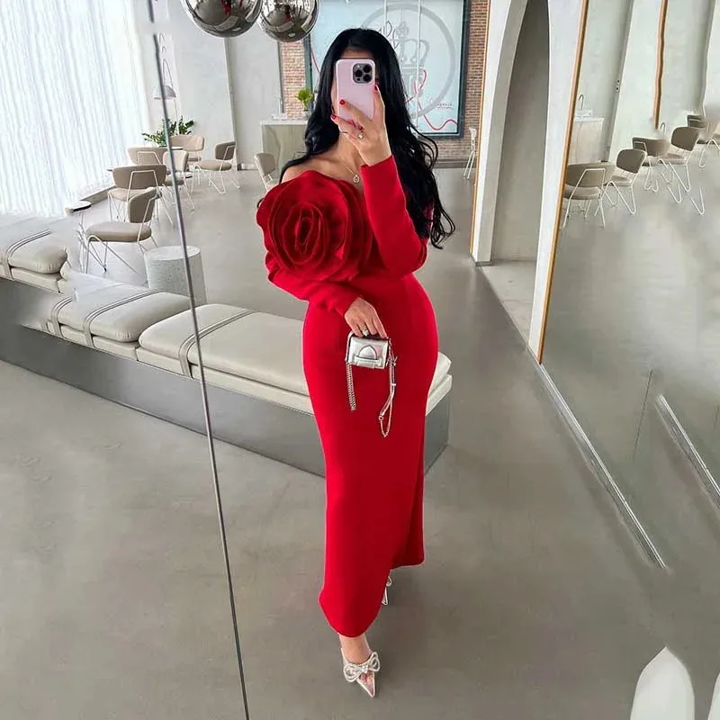 Off the Shoulder Red Elegant Party Dresses Woman Sweetheart Long Sleeves Dresses on offer Evening Clearance with Handmake Flower