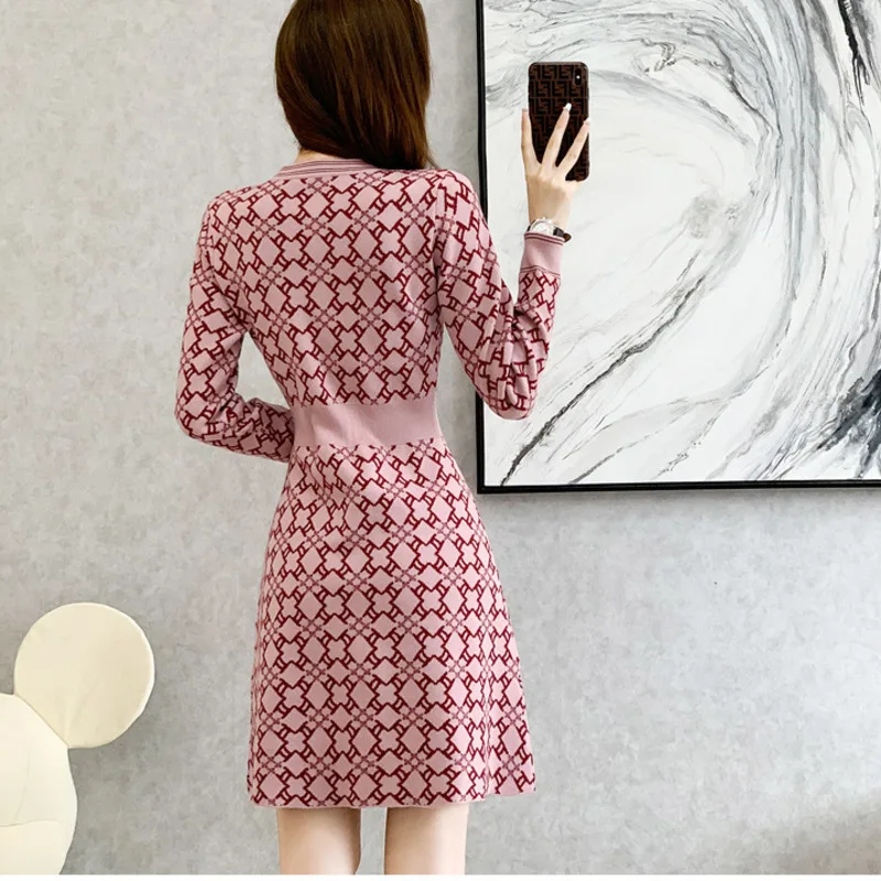 #0907 Pink Plaid Sweater Dress V-neck Buttons High Waist Vintage Short A-line Dress Long Sleeve Retro Stretch Office Mini Dress