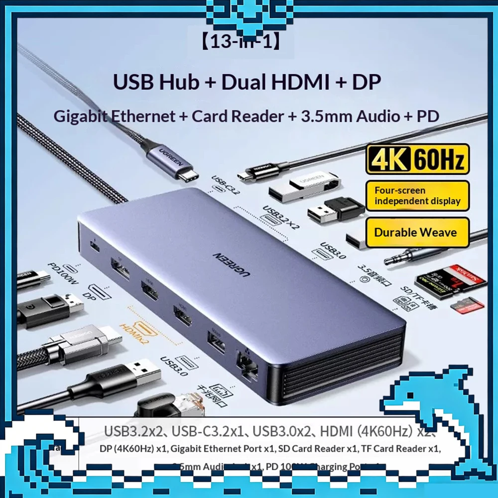 UGREEN CM681 Expansion Dock Laptop Docking Stations Four‑Screen Different‑Display, Dual Hdmi+Dp 10Gbps High‑Speed Transmission