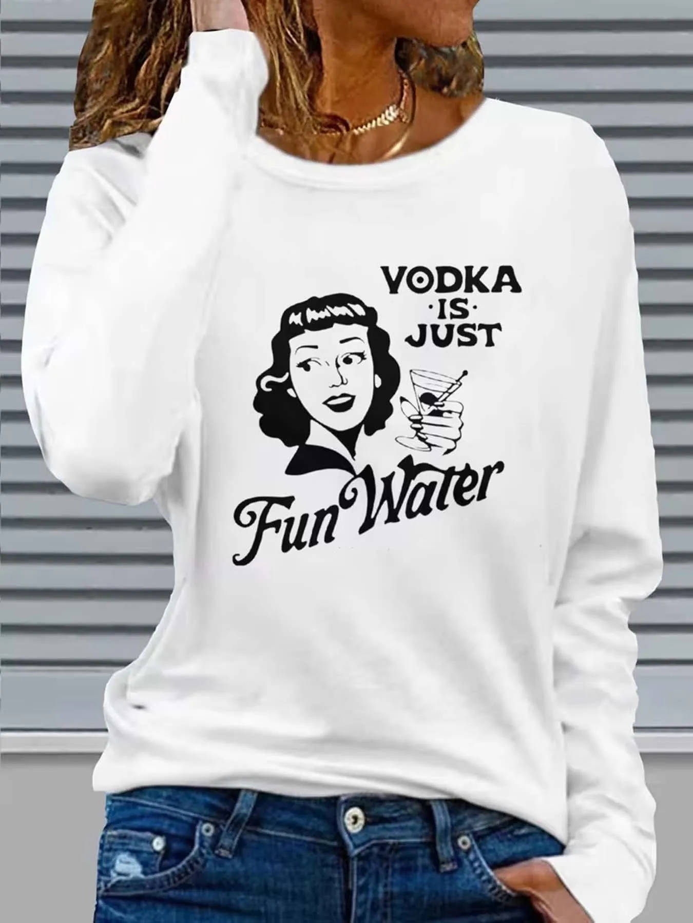 Retro Woman Martini Graphic Vodka Is Just Fun Water Print Long Sleeve T-shirt for Curvy Casual Daily Wear Comfy Chic Top Clothes