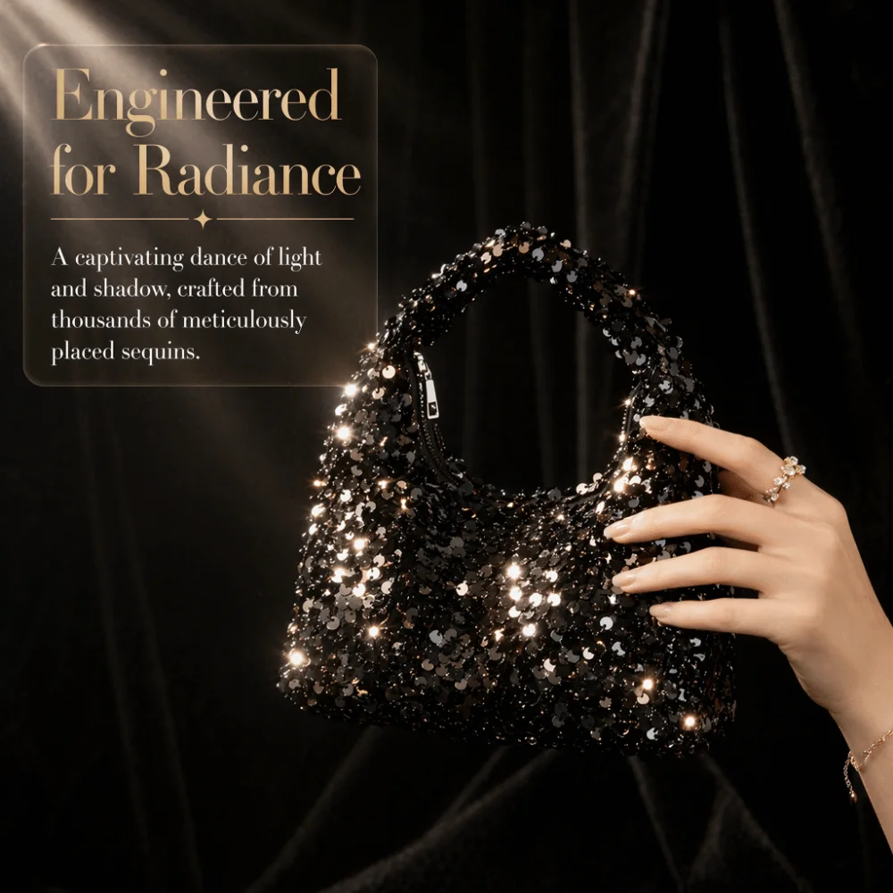 Zipper Closure Sequin Underarm Bag Solid Color Shiny Shoulder Bag Portable Elegant Sparkling Crossbody Bag Evening Occasion