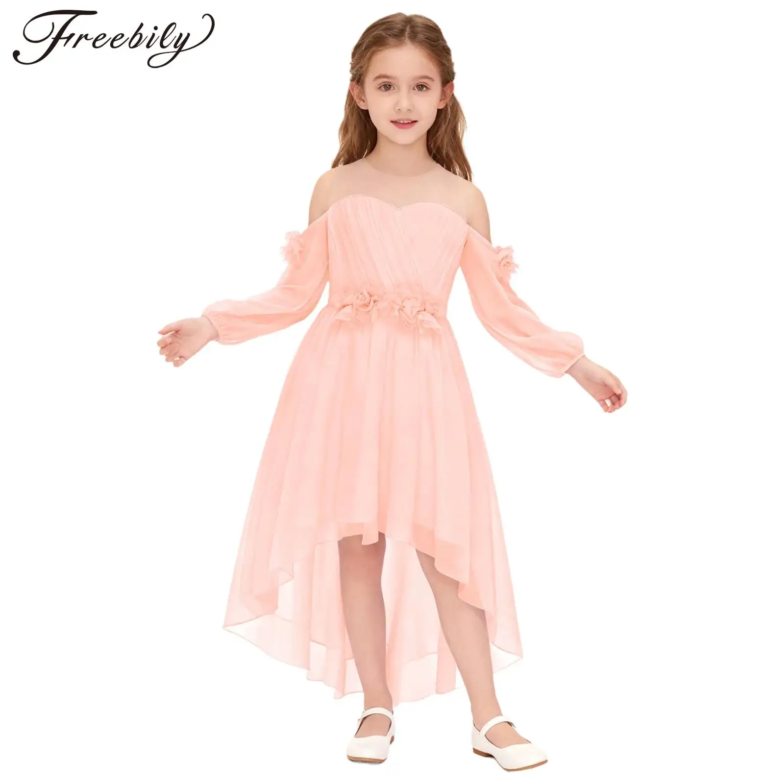 

Kids Flower Girls Formal Party Dress Cold Shoulder 3D Floral Applique Chiffon Princess Dresses Wedding Birthday Pageant Gown