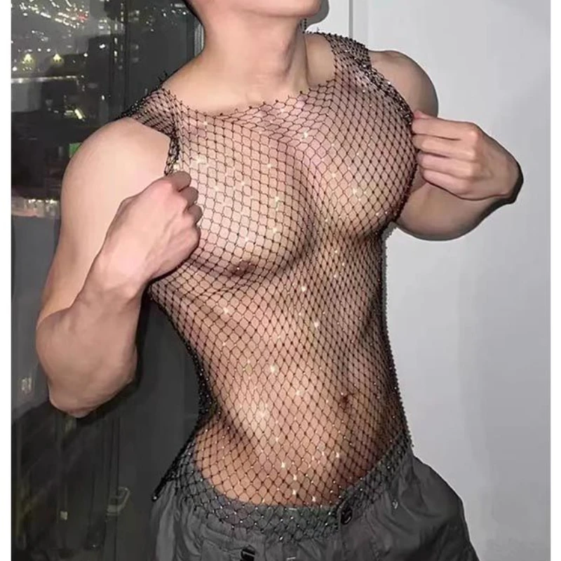 Luxury Rhinestone Mesh Tank Top Men Party Club Shiny Diamond Sexy Vest Nightclub Transparent  Sleeveless T-shirts Male 2023 New