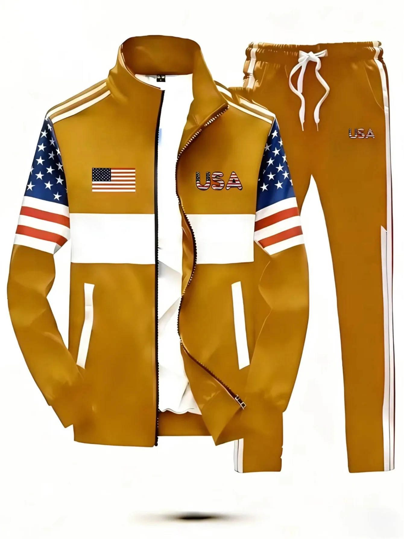 Male Multi‑Tone Athletic Tracksuit 2Pcs Outfit Contrast Panel Striped Zip Stand Collar Outerwear Drawstring Cuffed Jogger Trouse