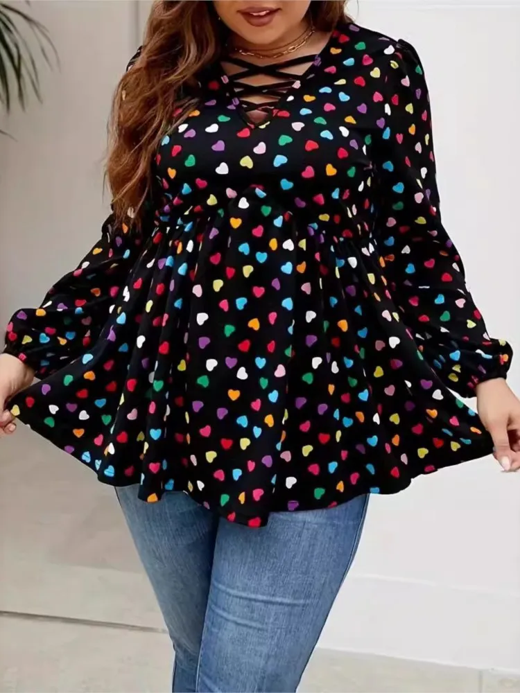 Plus Size Spring Summer Love Print Pullover Tops Women Ruffle Pleated Fashion Ladies Blouses Long Sleeve Casual Loose Woman Tops