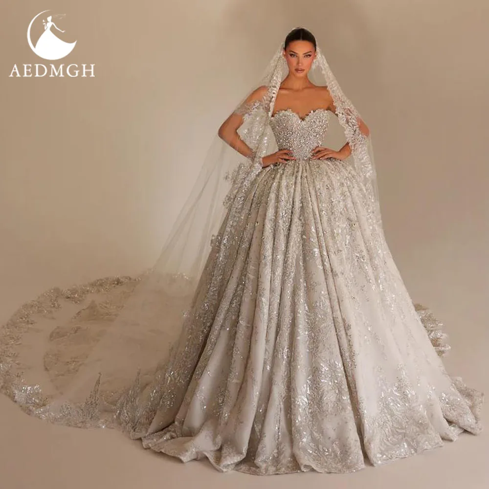 

Aedmgh Ball Gown Royal Wedding Dresses Strapless Vintage Vestido De Novia Lace Appliques Exquisite Custom Made Bridal Gown