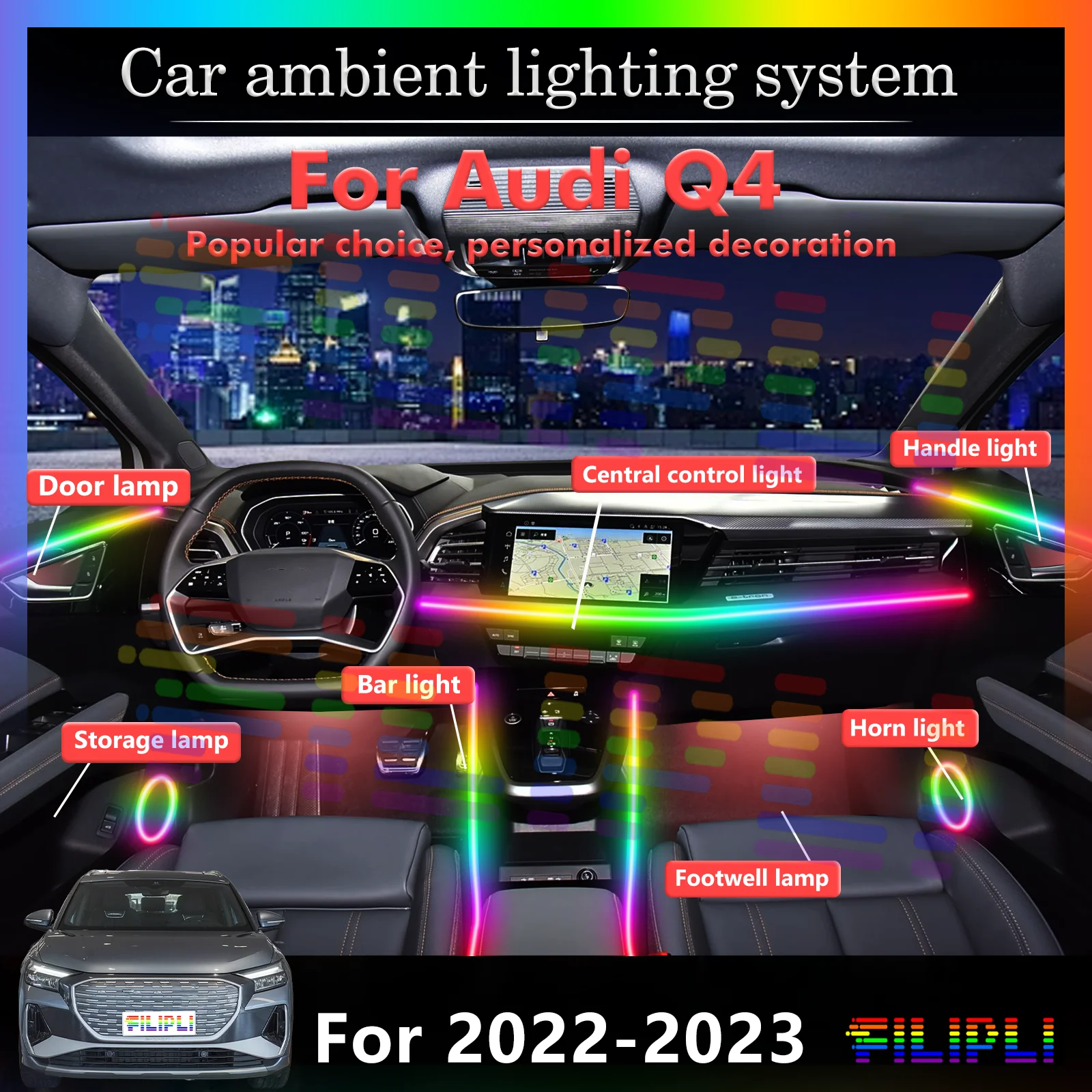 

For Audi Q4 Vehicle Interior LED Multi-color Ambient Light, Smart Control Decorative Lamp