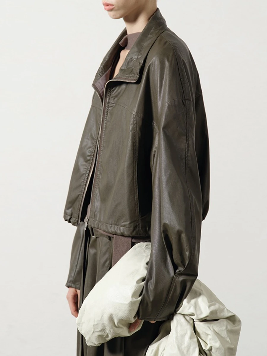 TWOTWINSTYLE الصلبة فضفاض تقسم سستة سترات كاجوال للنساء التلبيب كم طويل المرقعة الرباط سترة جلدية الإناث