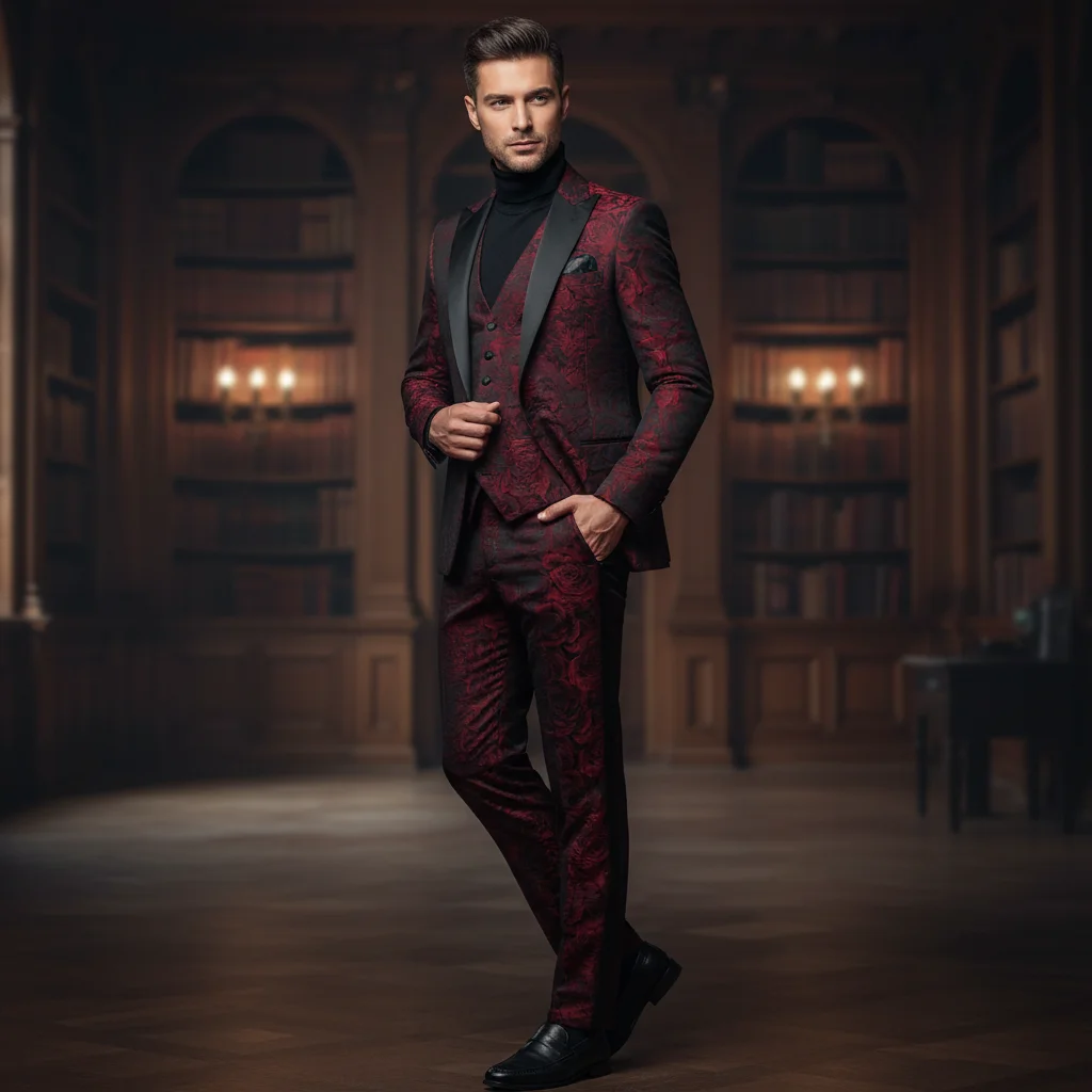 Men's 3-Piece Summer Suit – Lightweight, Breathable, Groom's Wedding Tuxedo – Stylish Rose-Patterned Fabric Blazer