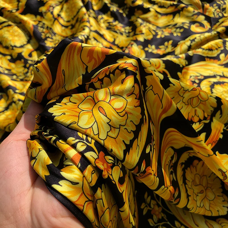 New product European and American style printed fabric Baroque golden flower digital printing handmade DIY stretch satin fabric