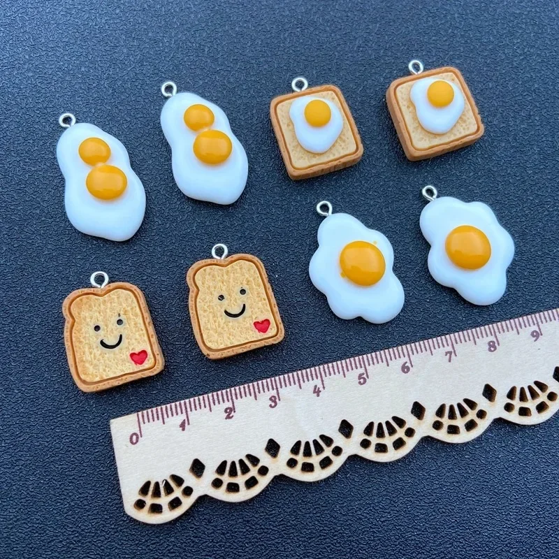 10Pcs Simulation Breakfast Food Resin Charms Toast Bread & Egg Pendants DIY Keychain Earring Necklace Craft Supplies
