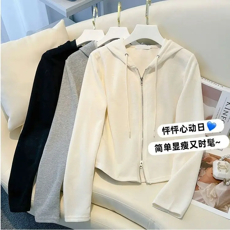 Slim Fit Hooded Zipper Cardigan Long Sleeve Fleece Women's Outerwear Autumn Winter New Style Double Zipper Texture Knitted Top