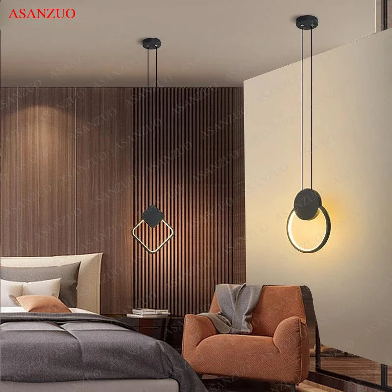 Imagem -04 - Nordic Minimalista Preto Anel Lâmpada Pingente Dimmable Led Teto Pendurado Luz Fio Longo Decoração de Cabeceira Lâmpada