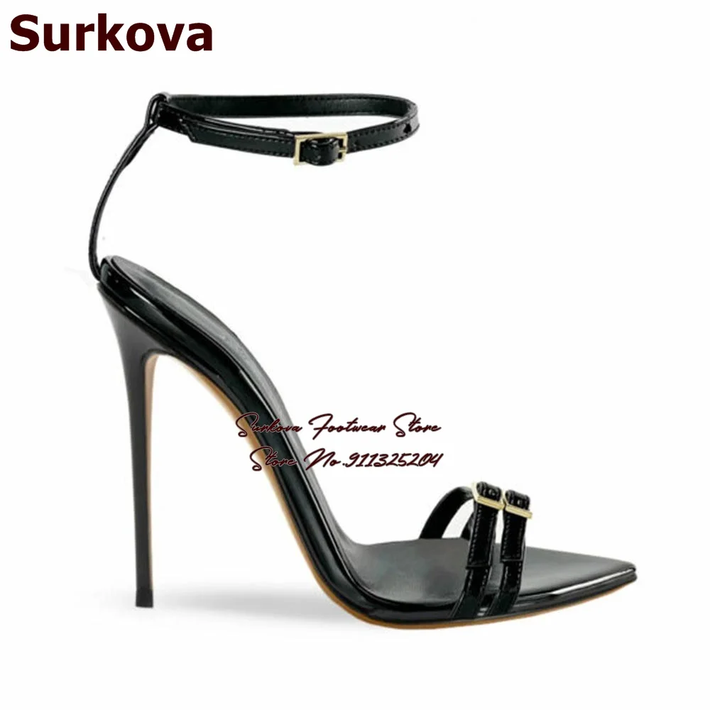 Surkova Black Patent Leather Pointed Toe Sandals Stiletto Heel Double Buckle Strap Dress Pumps Dropship Size46