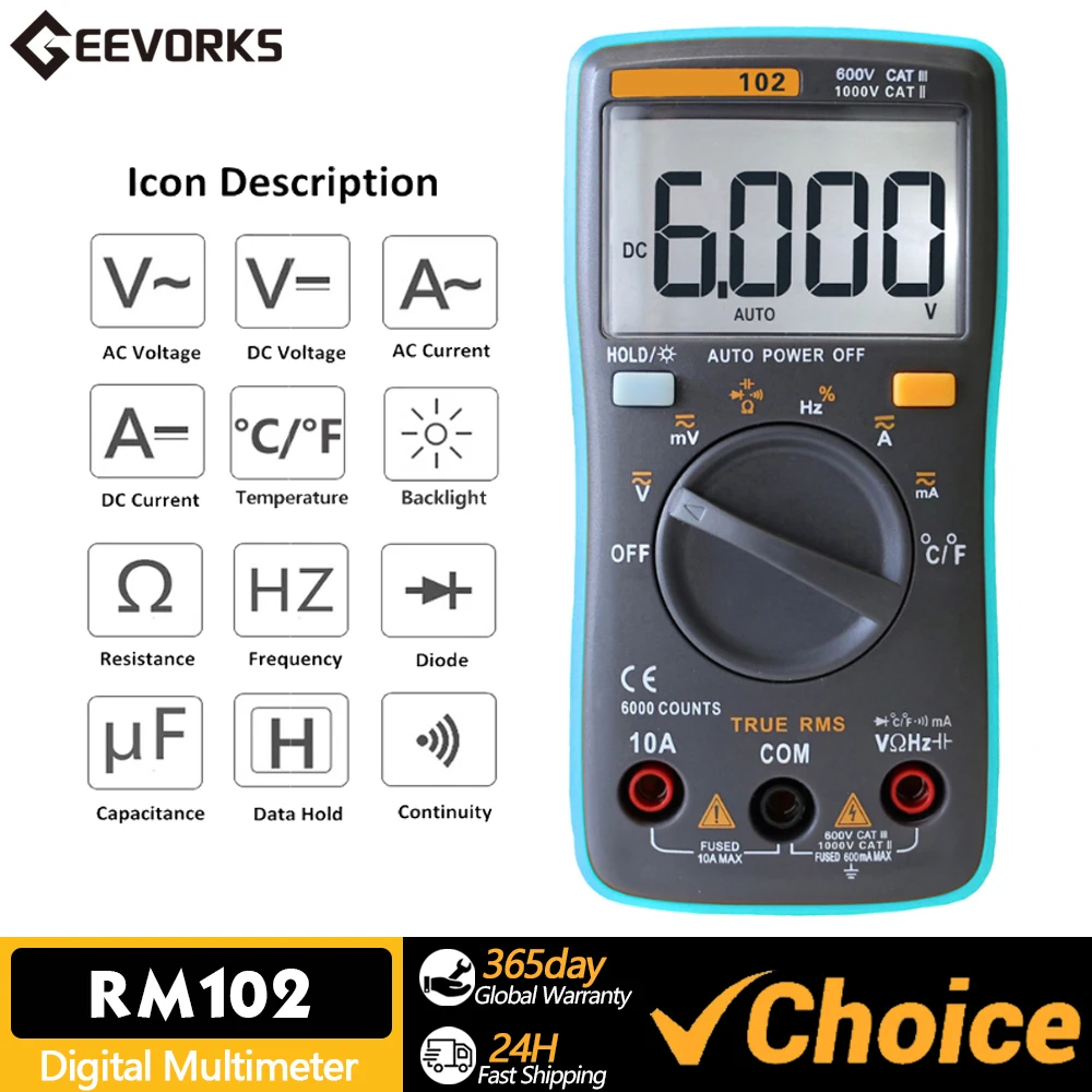 RICHMETERS RM102 multímetro Digital LCD multifuncional, resistencia de corriente de voltaje CC y CA, capacitancia de diodo
