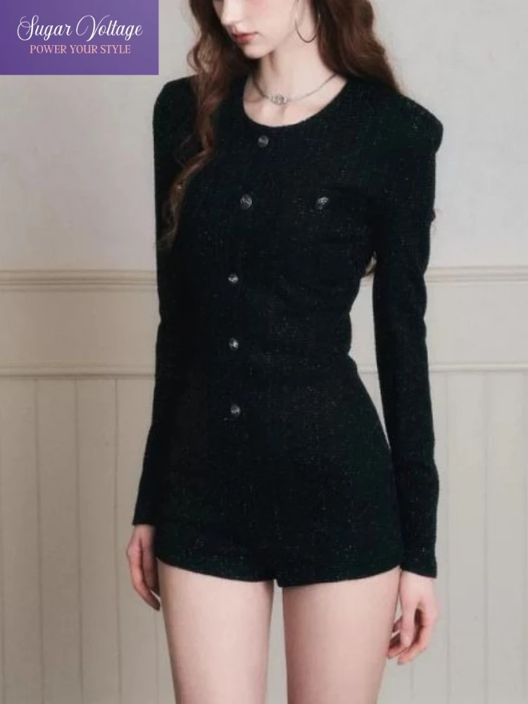 

Элегантный французский винтажный комбинезон для женщин, осень 2025 г., цельный облегающий вязаный наряд с длинными рукавами, черный комбинезон на пуговицах с высокой талией