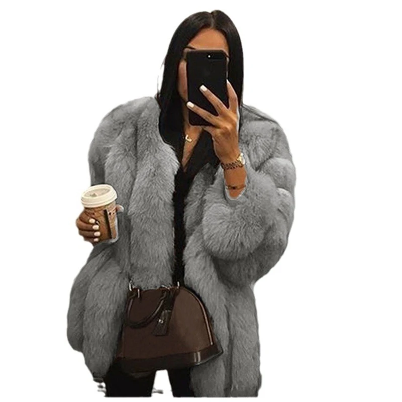 Women's autumn and winter fox fur mid-length artificial fur coat with contrasting colors, European and American fashion