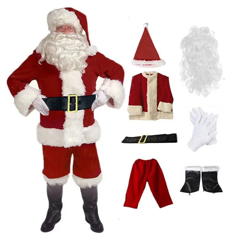 Costume de noël complet pour homme, 7 pièces, ensemble complet de déguisement, pour adulte, avec chapeau, à la barbe